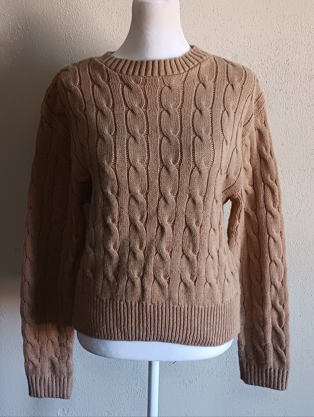 VTG USA Classic Preppy Cable Knit Sweater Camel Tan Beige, Coolwear Sz. Large